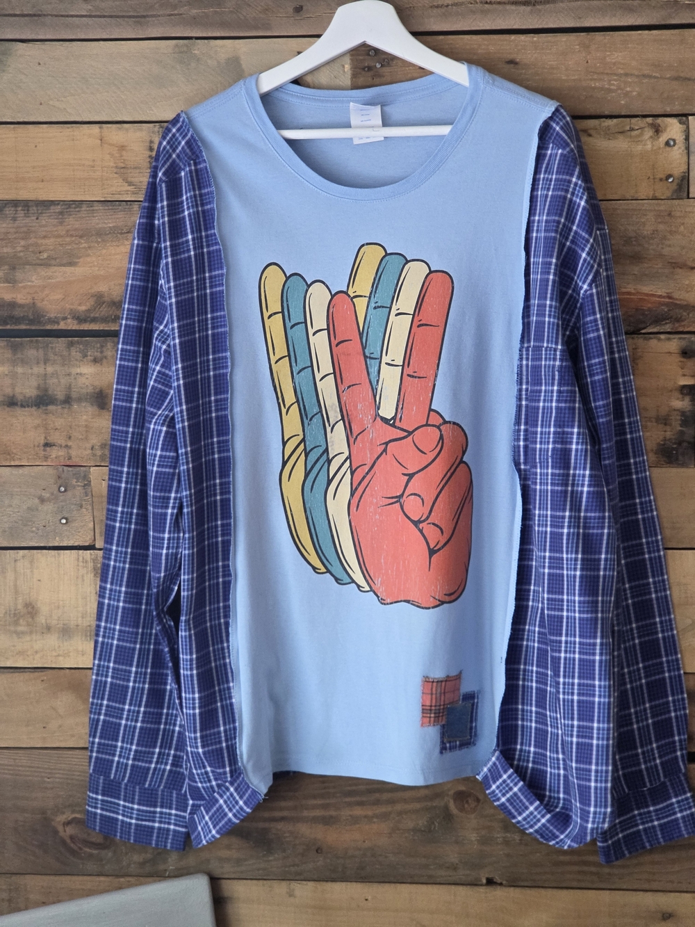 Upcycled  Blue Graphic with Plaid Sleeves